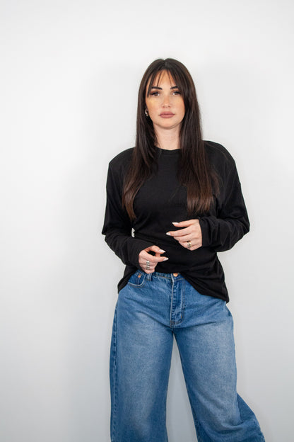 Maglia cotone maniche lunghe con spalline e laccetti