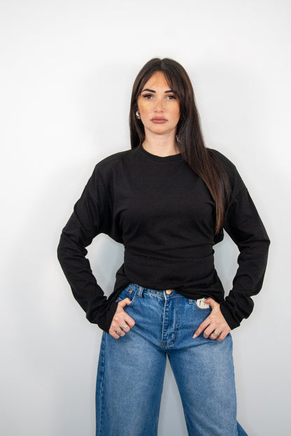 Maglia cotone maniche lunghe con spalline e laccetti